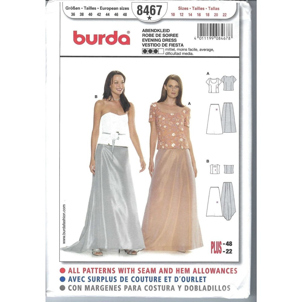 Burda Sewing Pattern 8467 Evening Dress Gown Misses Size 10-22 UNCUT